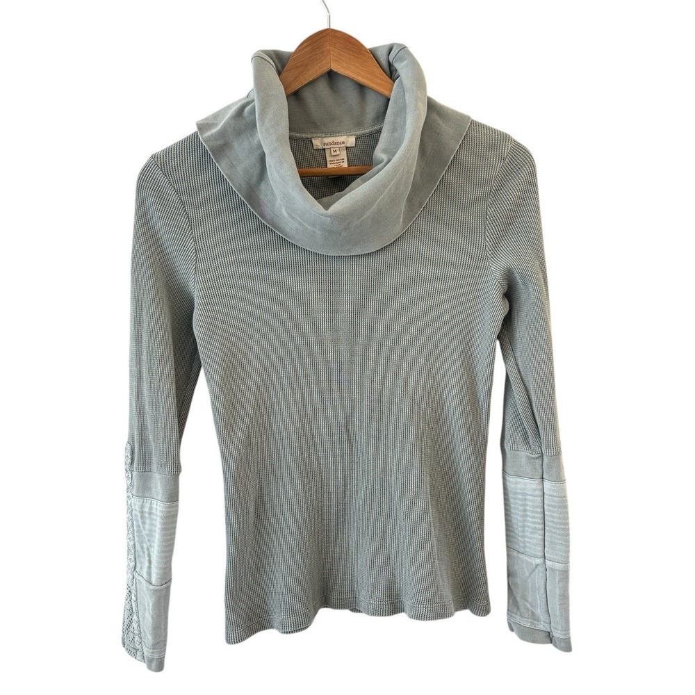 Sundance Waffle Knit Top Womens M Gray Green Cowl Neck Crochet Trim Thermal